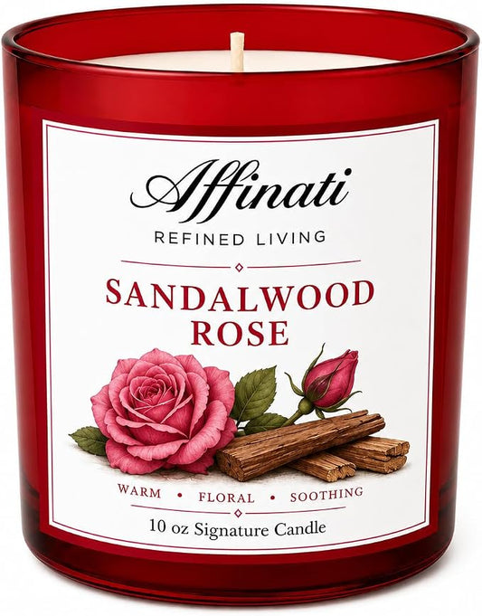 Affinati Sandalwood Rose 10 oz Scented Candle – Long Lasting Luxury Soy Blend Candle for Home, Strong Scent Throw Rich Woody Floral Aromatherapy Candle, Premium Clean Burning Gift for Women
