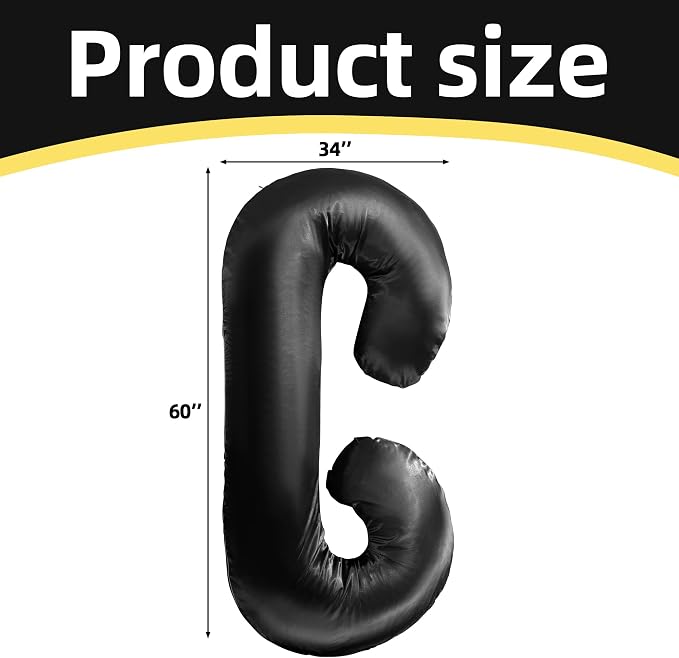 BALAPET Silky Satin Pregnancy Pillow Cover (ONLY Pillowcase), C Shaped Large Luxurious Smooth Maternity Pillow Cover with Hidden Zip, Soft & Breathable Pillow Protector for Side Sleeper, Black