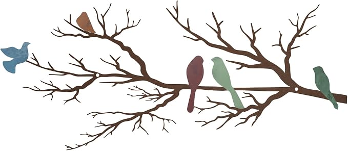 ESTART Metal Birds Wall Art, Metal Vivid Birds on Branch Silhouette Wall Decor Leaves with Bird Outdoor Hanging Wall Sculpture for Home Living room Bedroom Balcony Garden (Colorful, Small)