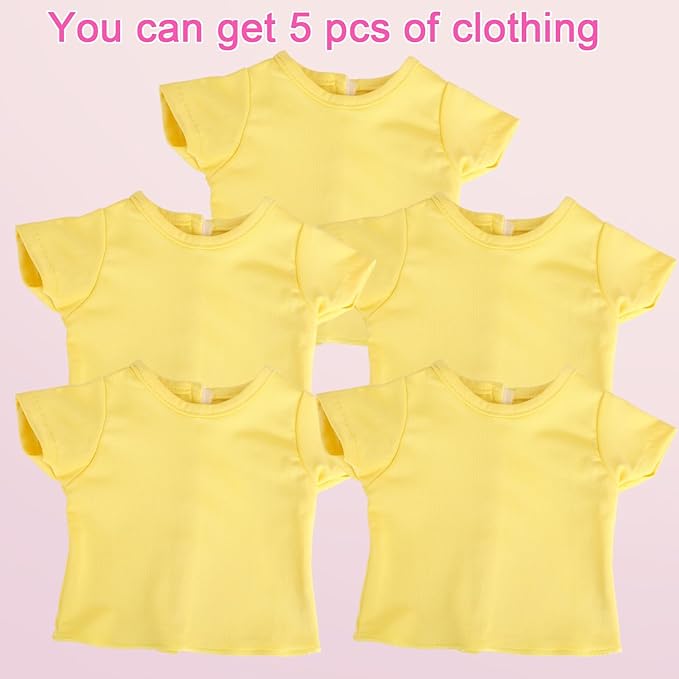 5-Piece Yellow T-Shirts for 17-18 Inch Dolls | Plain Short Sleeve Tees for DIY Customization