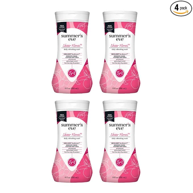 Summer's Eve Sheer Floral Feminine Cleansing Wash, Daily Intimate Wash, Removes Odor, pH Balanced, Gentle for Sensitive Skin, 9 Ounce (Pack of 4)