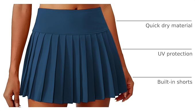 PINSPARK Pleated Tennis Skirts Mini Athletic Golf Skorts with Pocket | 14", High Waist, Lightweight, Quick Dry, Stretchy, Inner Shorts, Sun Protection, Pickleball, Casual, for Women