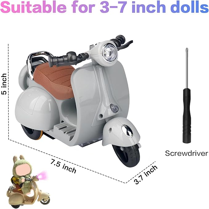 Scooter for Dolls Accessories, Cute Light-Up and Musical Seat with 360° Rotation, Cute Motorcycle for Dolls– Perfect for Doll Collectors, Batteries Not Included (Grey)