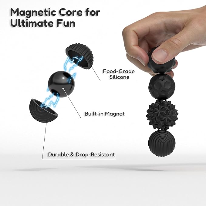 Large Magnetic Sensory Fidget Ball Toy, 4Pcs Silicone Sensory Stress Relief Toys for Adults, Teens with Autism, ADHD, Anxiety, Stocking Stuffers for Women Men Teen Gift (Blcak-4, Large)