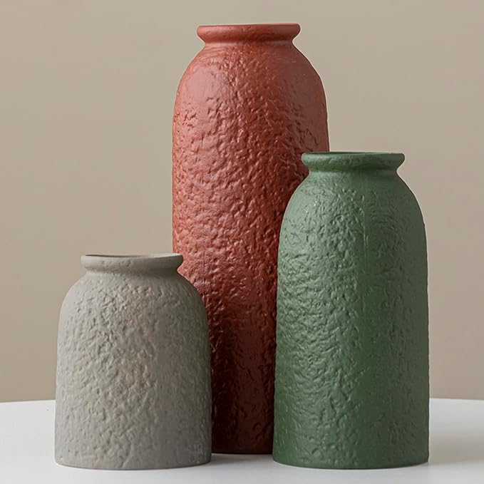 Large Decorative Ceramic Vase Set, 3 Pieces, Nordic Modern Boho Style, Earthtone Color Mix, Modern Farmhouse for Home Decor (XL Red Texture Mix)