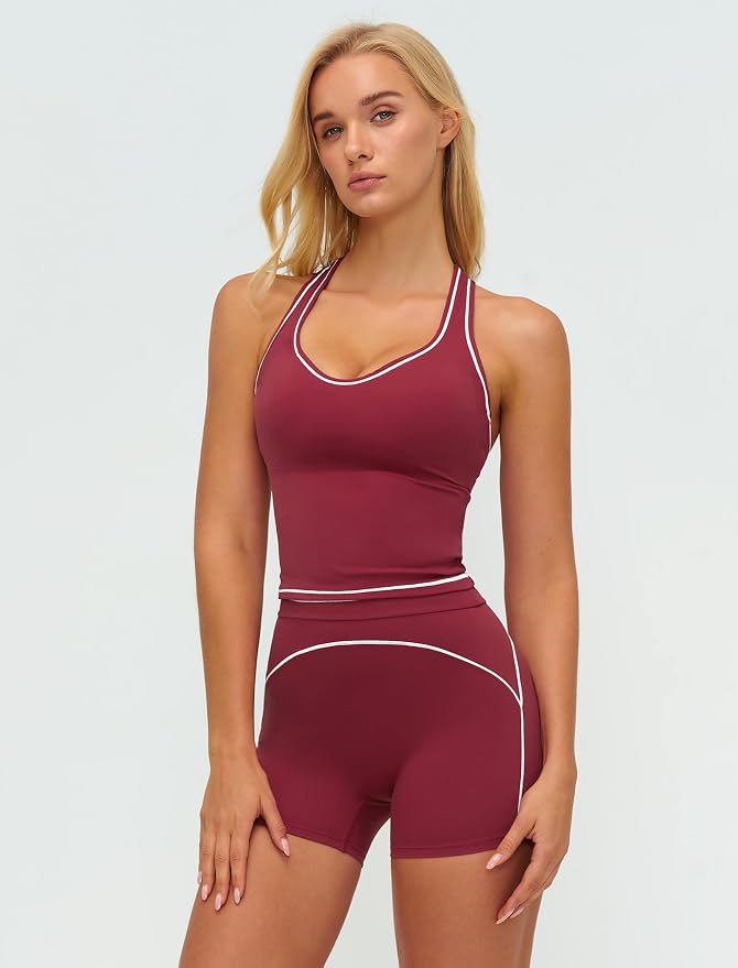 QBGJTD Two Piece Workout Sets for Women Color Block Racerback Tank Tops and High Waist Shorts Gym Yoga Outfits