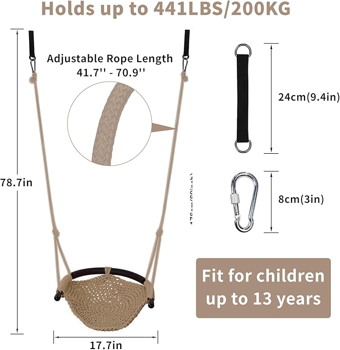 Hi-Na Tree Swing for Kids, Adjustable Toddler Rope Swing Seat with Snap Hooks and Straps, 440 lbs Capacity, Swingset Accessories for Indoor Porch Doorway Outdoor Playground Backyard (Khaki)