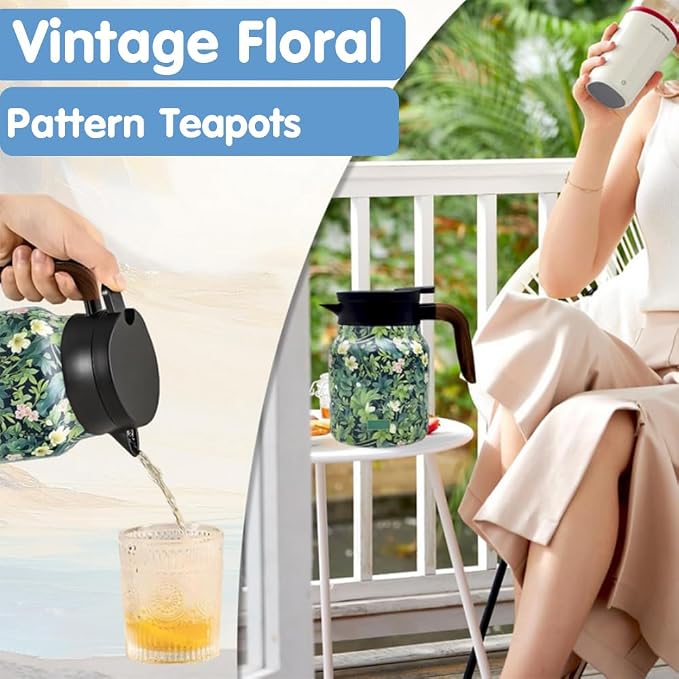 Vintage Floral Pattern Tea Pots – Built-in Infuser,Vintage Floral Teapot with Built In Infuser Stainless Steel Thermal Carafe with Lid for Hot Drinks,White(Wooden handle,35oz)