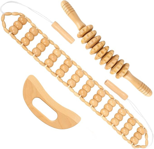 3Pcs Wood Therapy Massage Tools Set for Body Sculpting | Massage Roller Rope, Gua Sha Board for Lymphatic Drainage, Neck, Back, Waist and Legs