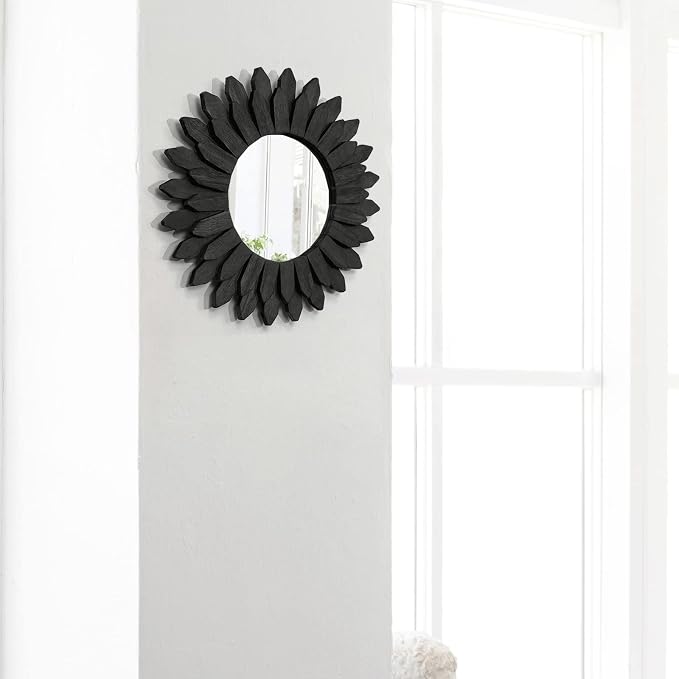 Black Wall Decor Wall Mirror 12 inch Boho Wall Decor Wood Decorative Mirror for Room Decor Home Decor for Bedroom Living Room Bathroom Kitchen Black