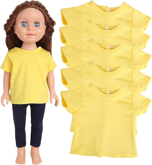 5-Piece Yellow T-Shirts for 17-18 Inch Dolls | Plain Short Sleeve Tees for DIY Customization