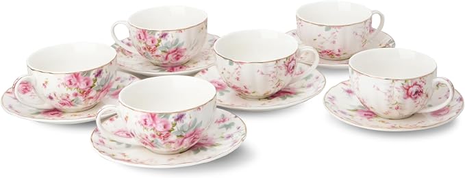 BTaT- Floral Tea Cups and Saucers, Set of 6, 7 oz, Fine Porcelain Teacup Set with Gold Trim for Afternoon Tea, Weddings, Parties & Gifting, Dishwasher Safe and Freezer Safe