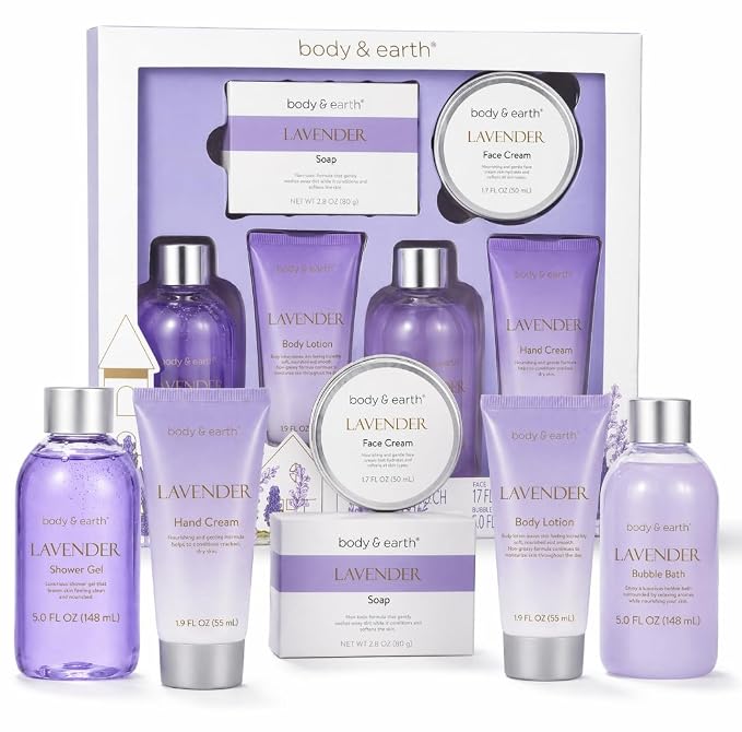 BODY & EARTH Bath and Body Gift Box for Women- 6 Pcs Lavender Bath Kit for Women Spa Set, Birthday, Christmas Gift Set Includes Bubble Bath, Shower Gel, Body Lotion