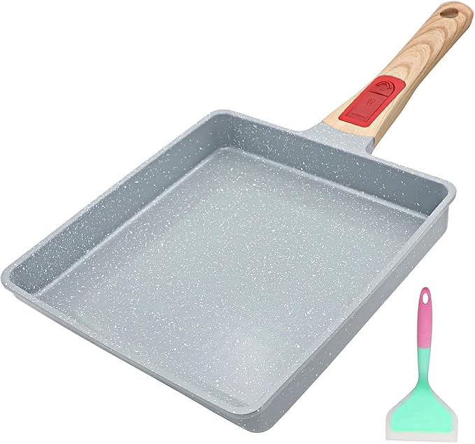 AIKENBBKK Tamagoyaki Pan Ceramic, Japanese Omelette Pan Nonstick, Japanese Egg Pan, Square Egg Pan, Induction-Ready, Detachable Handle, with Silicone Spatula, PFAS&PFOA-Free,Oven Safe,Blue,9"x8.2"