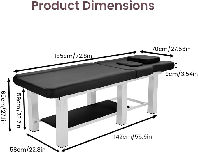 Professional Stationary Massage Table with Backrest,Adjustable Thick Foam Spa Massage Beds,Metal Frame PU Leather 27.55'' Wide 72.83'' Long Heavy Duty Bed for Massages,Hairdressing,Spas(Black White)