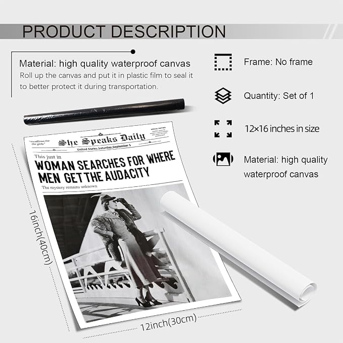 Haitunone Black and White Newspapers Poster Women Searches For Where Men Get the Audacity Wall Art Trendy Feminist Canvas Prints for Home Bar Wall Decor 12X16 inch Unframed