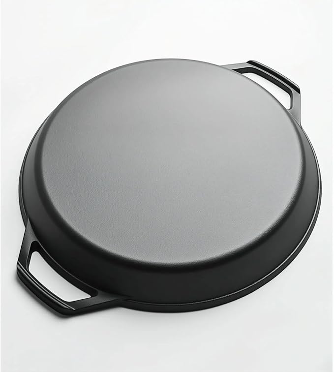 LI-GELISI 26-inch cast iron frying pan with double auxiliary handles, nitrogen-treated for rust resistance, suitable for stoves/grills/campfires, heavy-duty frying pan for outdoor cooking