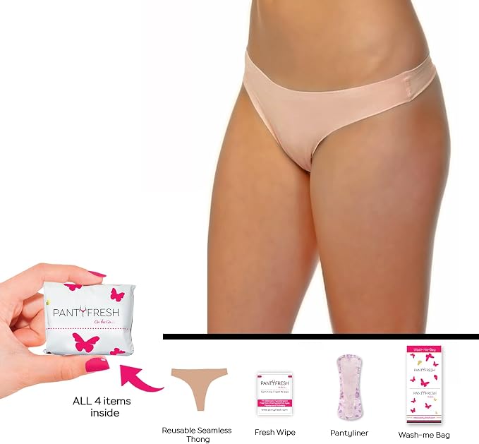to-Go Panty Kit Includes 4 Items Seamless Thong Underwear Fresh Wipe Pantyliner & Washbag Travel First Period Kit Feminine Hygiene Incontenance Emergency