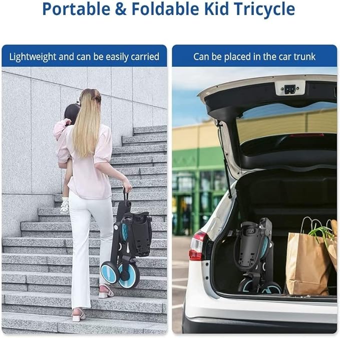 Trixplorer 7-in-1 Tricycle for Toddlers, Removable Push Handle, 360° Rotating Seat, Adjustable Canopy, Safety Harness, Storage, Basket, Folding Toddler Tricycle for 1-5 Year Old (Sky/Blue)