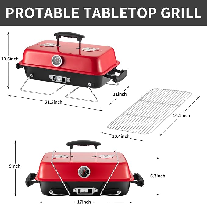 Portable Charcoal Grill, Tabletop Outdoor Barbecue Smoker, Small BBQ Grill for Outdoor Cooking Backyard Camping Picnics Beach,RED