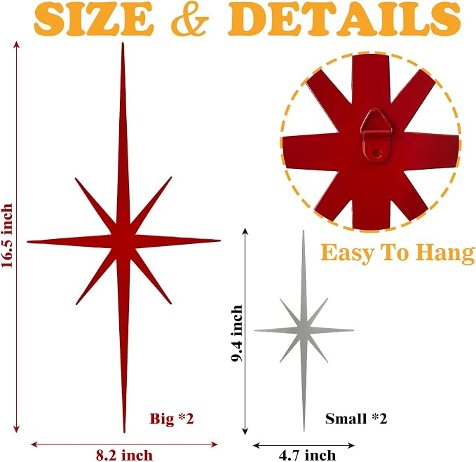 4 Pcs Star Wall Art for Home Decor Living Room Bedroom Office Metal 3D,Bling,with Hanging Hook Starburst Midcentury Sculpture Retro Gallery Accent Celestial -Gold 16.5in/9.4in