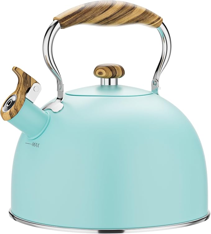 2.6 Quart Tea Kettle Stovetop Whistling for Stove Top, Blue | Food Grade Stainless Steel Tea Kettles with Cool Wood Pattern Handle, Induction Compatible