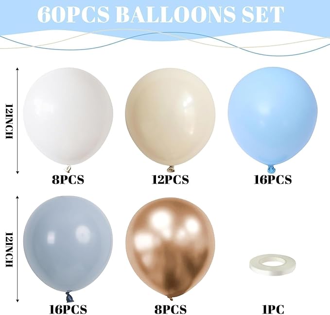 Dusty Blue and Gold Balloons 60 Pcs, 12 Inch Dusty Baby Blue Chrome Gold Balloon Cream Sand White Balloon for Boy Baby Shower Decorations Bridal Shower Gender Reveal Boho Birthday Party Supplies