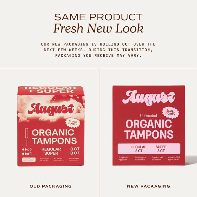 August Regular & Super Tampons - 16-Pack (8 + 8) 100% Organic Cotton Tampons for Women, Non-Toxic, Fragrance-Free, and Hypoallergenic with Long Applicators