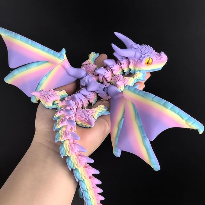 3D Printed Dragon with Wings,3D Printed Animals Toys, Fidget Dragon Toys, Flexible Articulated Winged Crystal Dragon Model,Desktop Pet Deco (Matte-Rainbow)