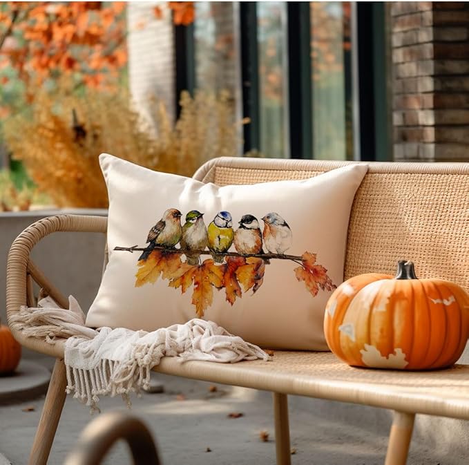 RABUSOFA Fall Pillow Covers 12x20 Inch Bird Autumn Decorations for Home Outdoor Thanksgiving Decor Maple Leaf Decorative Lumbar Throw Pillow Cases Farmhouse for Couch Sofa