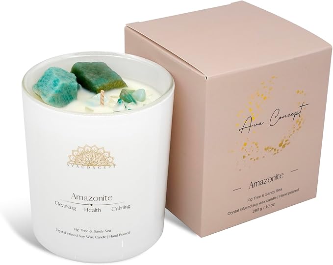 Crystal Candles Scented - Fig Tree Sandy Sea Aromatherapy Candle with Amazonite for Women - Soy Candles for Meditation Home Decor - 10 oz