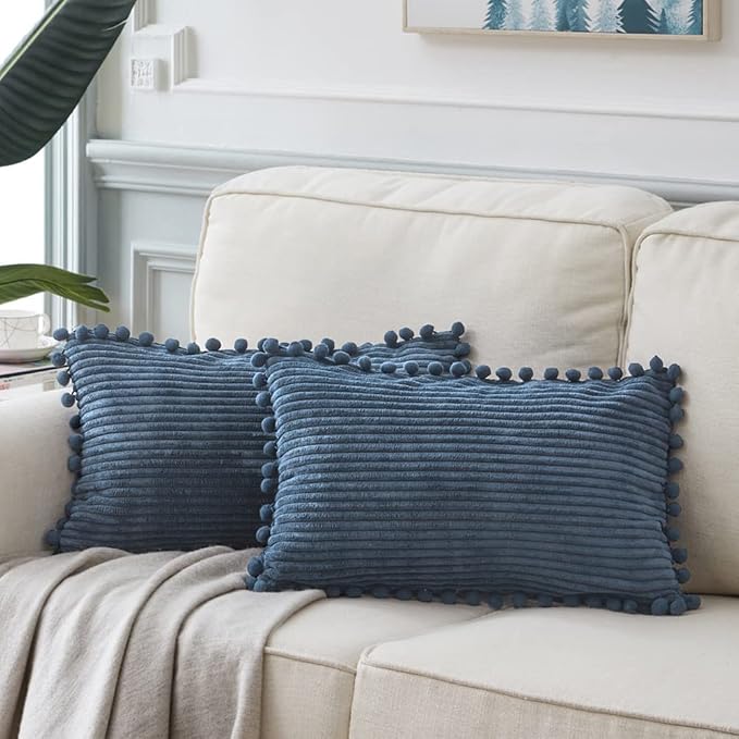 Fancy Homi 2 Pack Dusty Blue Lumbar Decorative Throw Pillow Covers 14x24 Inch with Pom-poms for Couch Bedroom Sofa, Farmhouse Boho Home Decor, Soft Corduroy Solid Rectangle Cushion Case 35x60 cm