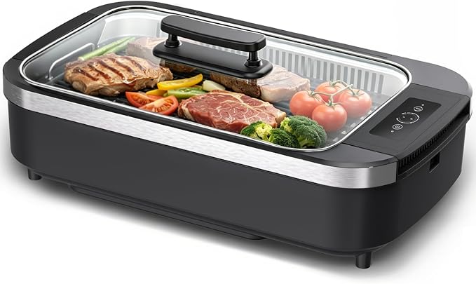 indoor Smokeless Grill, COWSAR indoor Grill, 1500W Electric Grill with Tempered Glass Lid & Drip Tray, Portable Non-Stick Korean BBQ Grill, 6-Level Control, 90 Min Auto, Dishwasher Safe