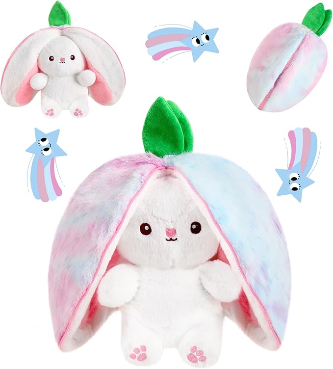 MIAODAM Rainbow Strawberry Bunny Stuffed Animal, Nebula and Strawberry Bunny Plush Turn Into Rabbit Fruit Doll Pillow, Plushie Cute Bunny Toy for Baby and Kids (10 inch)