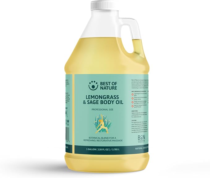 Best of Nature Lemongrass and Sage Massage Oil Blend - Non-Greasy Aromatherapy Massage Oil for Body, Skin & Face, Crafted with Pure Essential Oils, Gallon (128 fl oz)