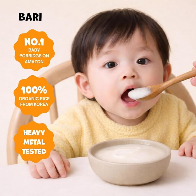 BARI Organic Baby Rice Porridge – Stage 2 – For Babies 7+ Months | USDA Organic, Heavy Metal Tested, Korean Rice Cereal, No Added Sugar, Gluten-Free | 6.3 oz (10 Packets)