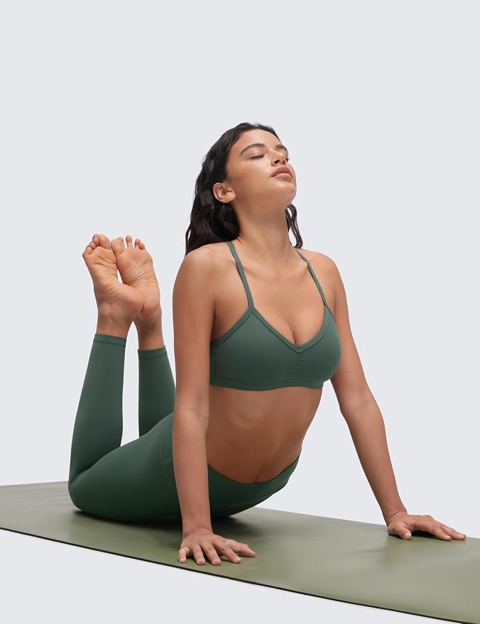 CRZ YOGA Butterluxe Ruched Sports Bras for Women - V Neck Spaghetti Thin Strap Y Back Wireless Padded Yoga Crop Top