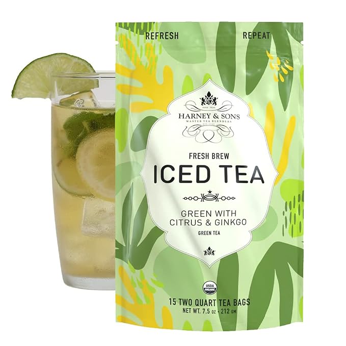 Harney & Sons Fresh Brew Iced Tea, Organic Green Tea with Citrus & Ginkgo, 15 Iced Tea Bags, Brews Up to 30 Quarts