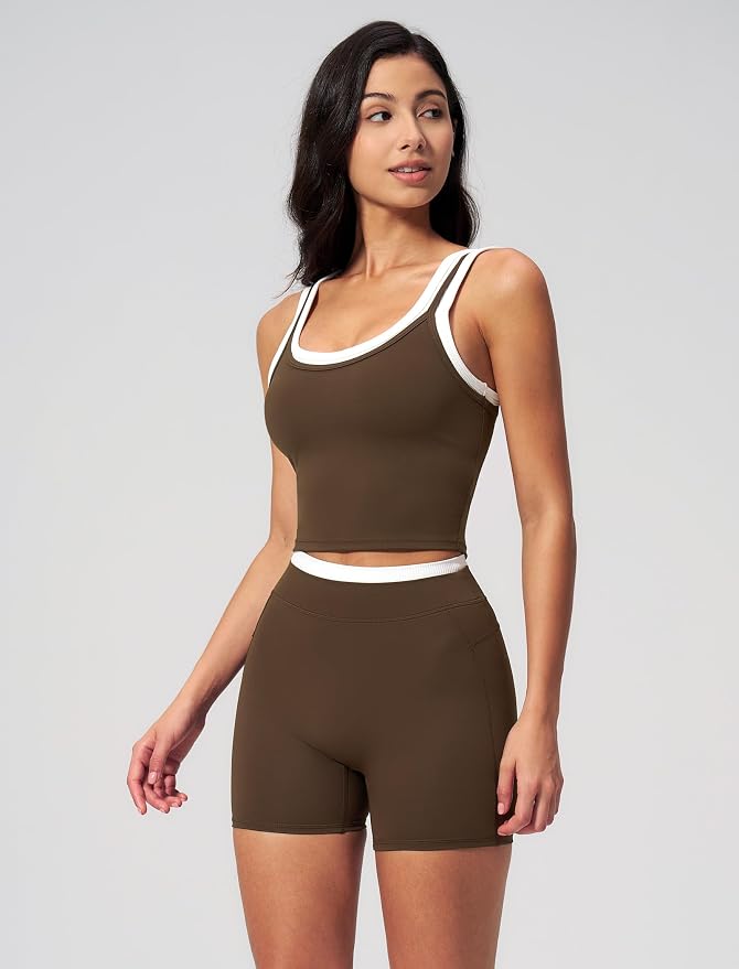 Women 2 Piece Workout Sets Racerback Color Block Tank Top High Waist Tummy Control Shorts Yoga Outfits