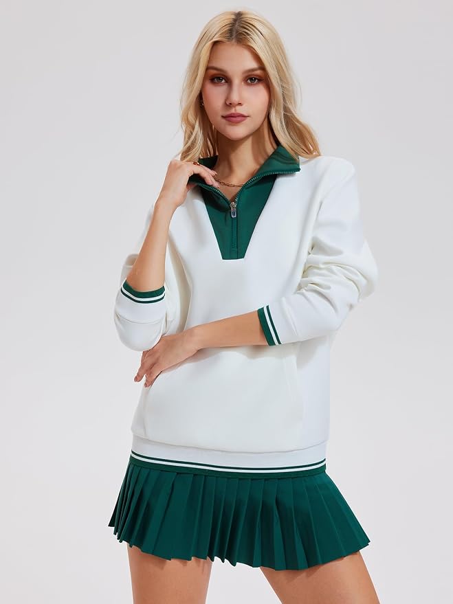 Airfree Women Two Piece Tennis Skirt Set Golf Outfits Half Zip Oversize Pullover Sweatshirt 2 Piece Skirt Sets with Pockets
