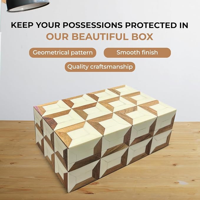 Perilla Home Home Decor Decorative Storage Wooden Box Small Organizer Stash Card Craft Treasure Tool Memory Trinket Keepsake Jewelry Box for Men and Women, Gifts For All, Brown and Off White (Felix)