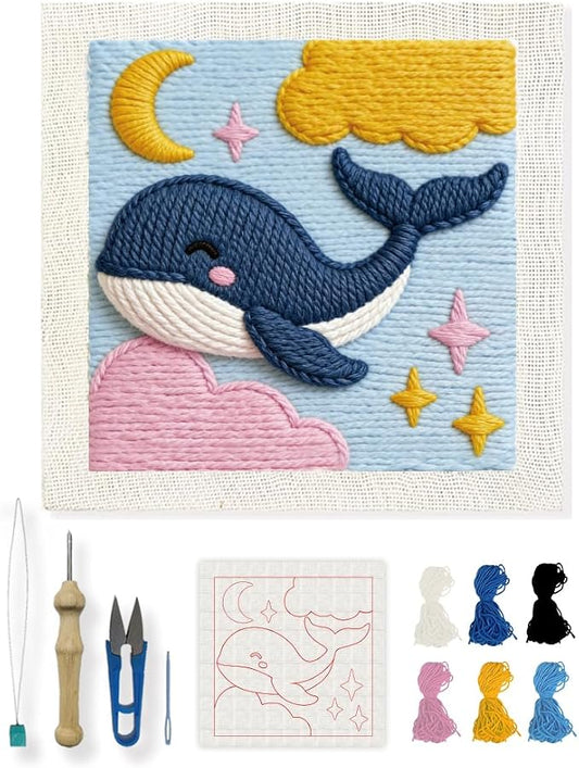 INFUNLY Whale Punch Needle Embroidery Kit for Adults Beginners 9.4x9.4 Inch Complete Punch Needle Starter Kit Cartoon Whale DIY Needlepoint Kits with All Tools for Crafts Home Wall Decor