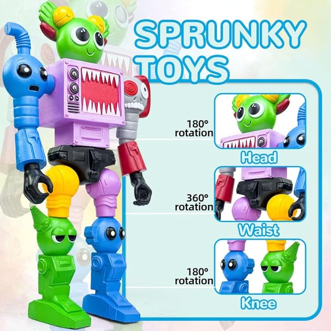 7 Inch Spunky Action Figure - Sprunky Toys Poseable & Detachable Joints Robot, Vibrant Surrealist Collectible for Sprunky Birthday Decorations, Desk Toys & Spunky Gifts (Color-E)