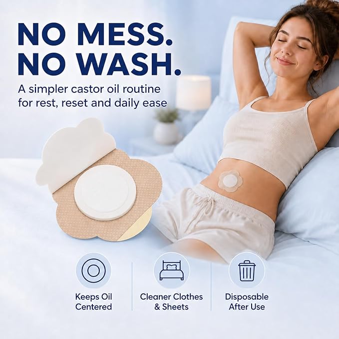 50PCS Castor Oil Patches, 3.15" Large Disposable Castor Oil Pack Wrap for Belly Button, No-Wash Self-Adhesive Oil Patches with Cotton Center Pad, Breathable & Travel-Friendly, Oil Not Included