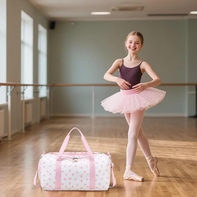Gym Bag Duffle Bag with Wet Pocket Weekender Overnight Sports Duffels with Shoe Compartment for Girls Kids Women Travel Dance Cheer Bags (Pink Bow Pattern)