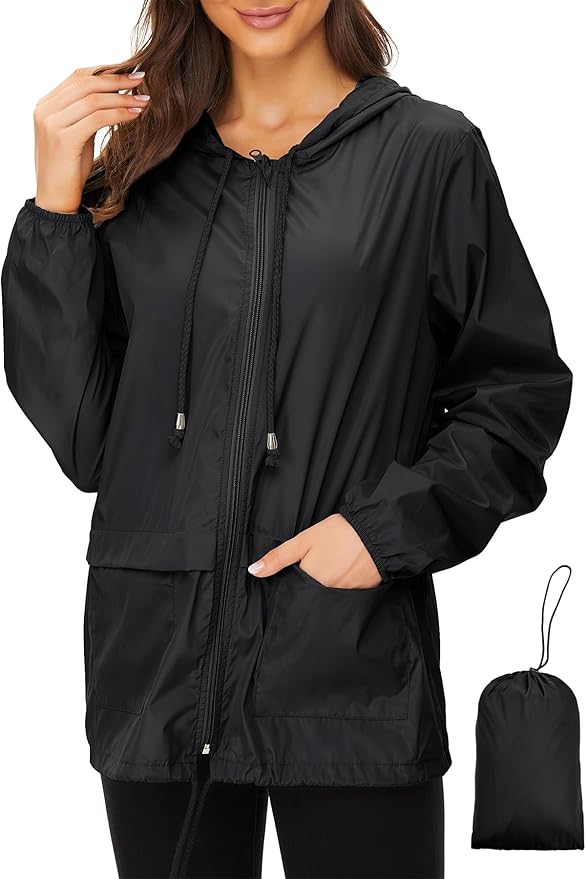 Zando Lightweight Rain Jacket Women Packable Waterproof Raincoat with Hood | Windbreaker Jacket Women, Light Raincoats for Drizzle, Rain Coats for Travel, Hiking and Commute