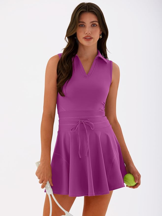 Caracilia Women's 2 Piece Tennis Dress Set-Polo Neck Sleeveless Mini Dresses with Shorts,Golf Casual Workout Athletic Sports