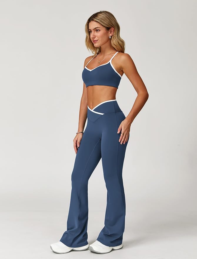 ABOCIW Workout Sets for Women 2 Piece Color Block Strappy Sports Bra High Waist Shorts Gym Yoga Pilates Outfits