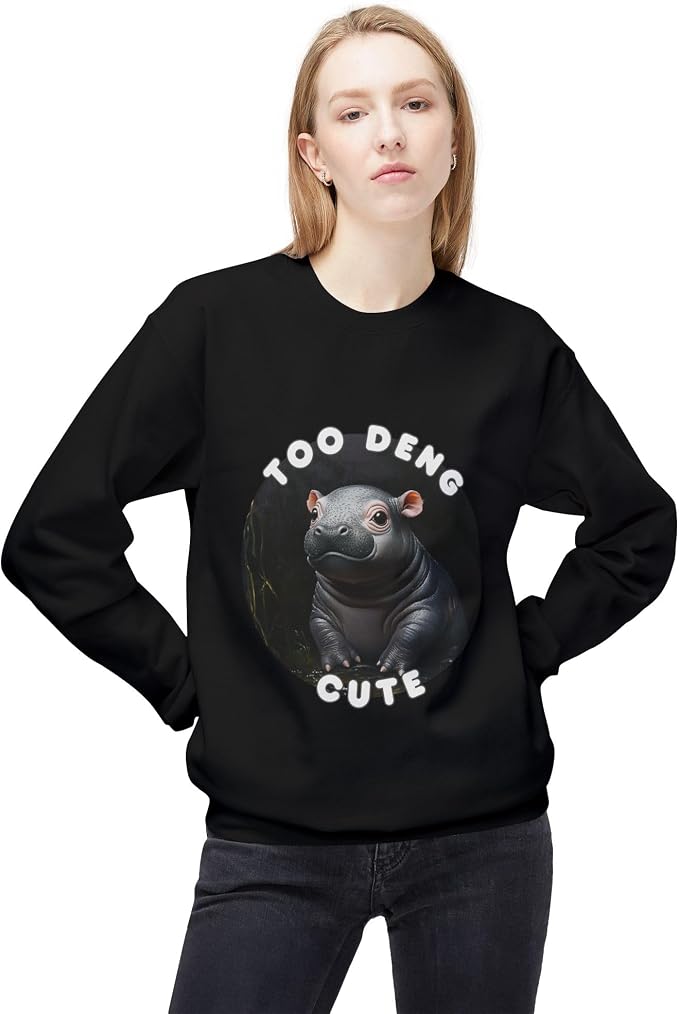 Unisex Fleece Crewneck Sweatshirt - Too Deng Cute Moo Deng Hippo, Cozy Cotton Blend, Classic Relaxed Fit