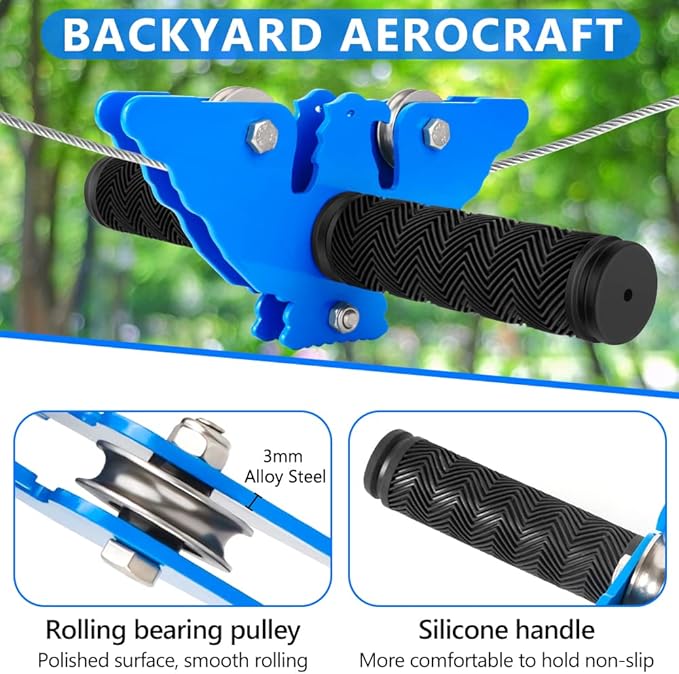 X XBEN 180FT Zip line Kits for Backyard, Zip Lines for Kid and Adult, Included Swing Seat, Ziplines Brake, and Steel Trolley, Outdoor Playground Equipment